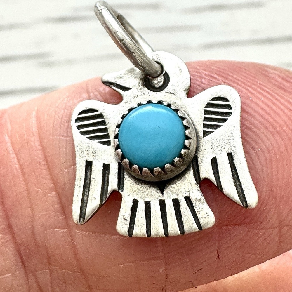 Tiny Navajo Thunderbird Turquoise Pendant Harvey Era Sterling Charm Native VTG